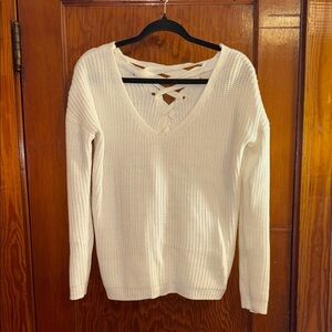Pink Rose Cream Knit V Neck Sweater with Braided Back